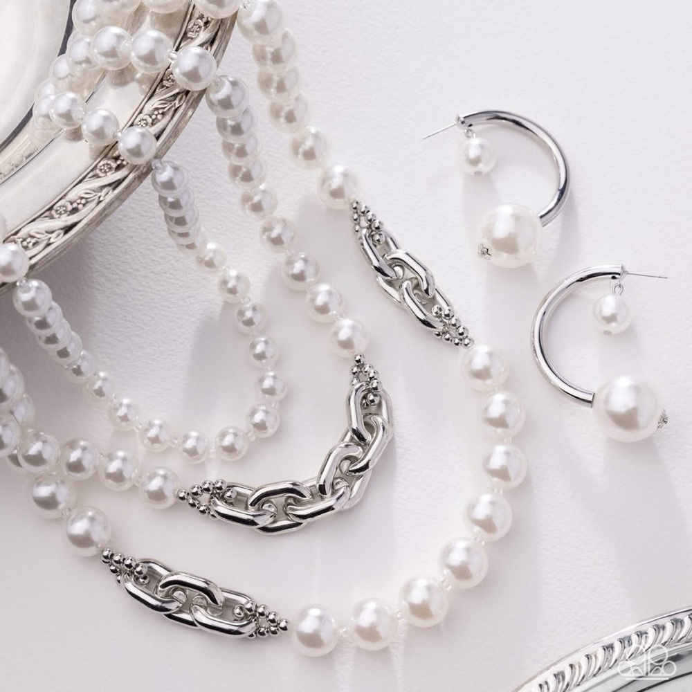 Elegant Silver and White Pearl Necklace and Earring Set
